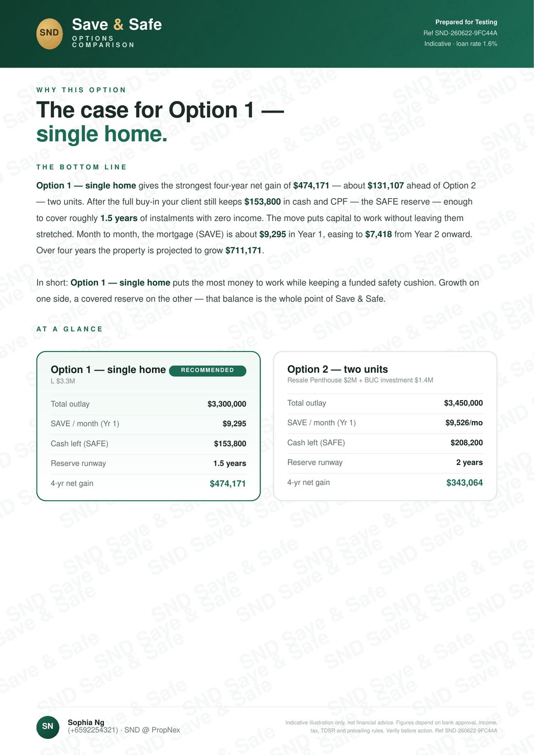 SND Save & Safe comparison report — recommended option at a glance